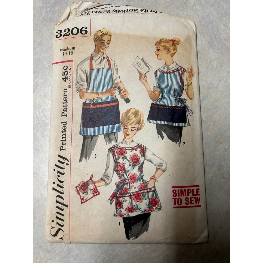 Vintage 1959 Simplicity Pattern #3206 Misses, Men's‎ Aprons Size M 14-16